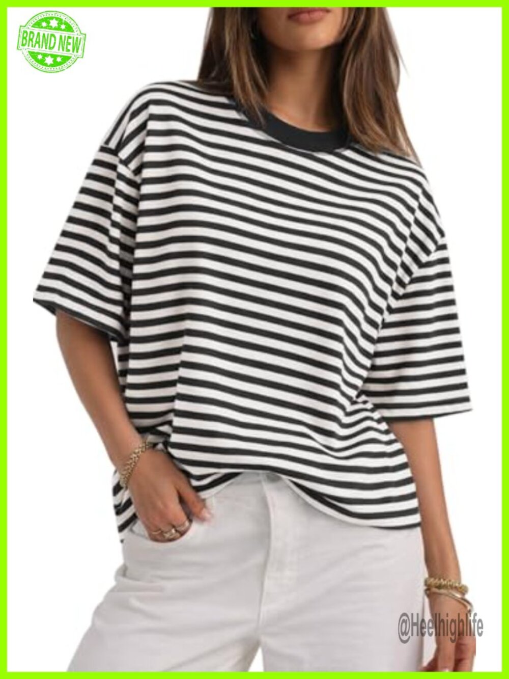 Oversized Striped Cotton Blend Crewneck Short Sleeve T-Shirt